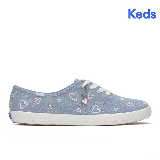 Keds Womens Champion Denim Heart Embroidery Sneaker Blue/Pink (WF68341)