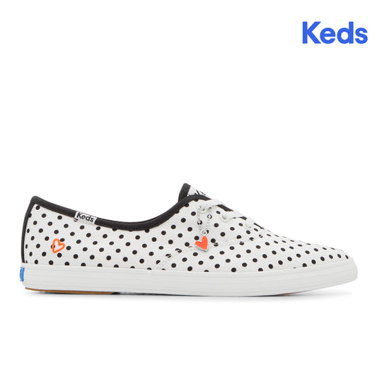 Keds Womens Champion Point Low Canvas Small Polka Dot Sneaker Snow White/Black (WF68592)