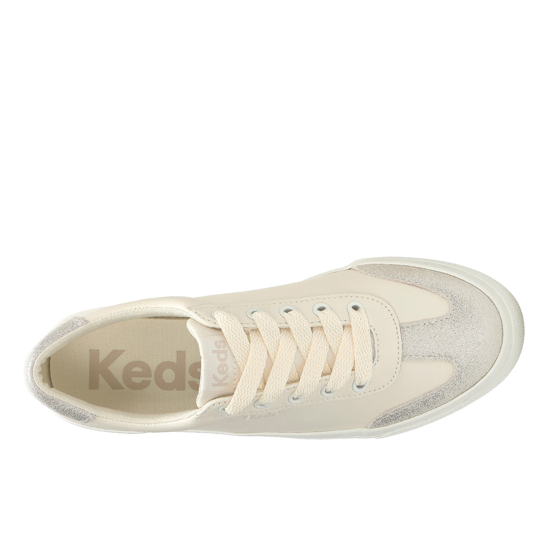 Keds Women's Jump Kick T-Toe Leather/Glitter Suede Sneaker Egret/Champagne (WH68634-JKTOE7A270)